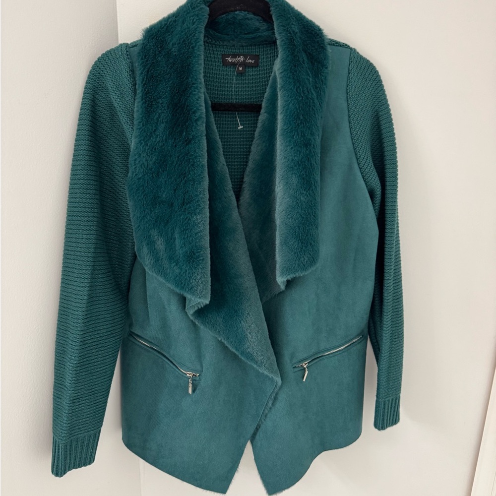 Twelfth Love Teal Knit Sleeve Moto Style Jacket Open Front with Faux Fur Size M